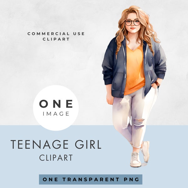 Teenage Girl Clipart, SINGLE IMAGE, Commercial Use License, Transparent PNG, Watercolor, Trendy Teen, Young Woman, Instant Digital Download