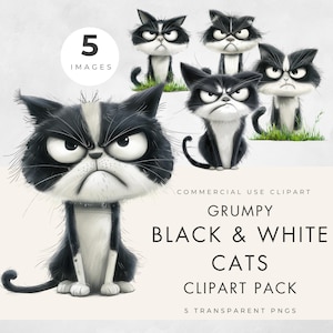Op de afbeelding: Een set van 5 digitale clipart-afbeeldingen met zwarte en witte, knorrige katten in verschillende poses. De afbeeldingen zijn perfect voor commercieel gebruik en zijn beschikbaar als transparante PNG-bestanden.