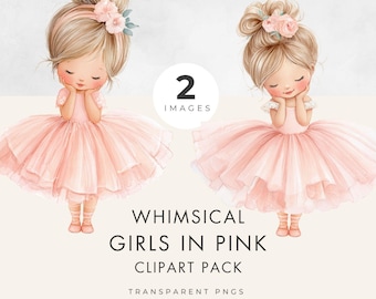 Girls in Pink Clipart - 2 Pastel PNG Images with Transparent Background for Commercial Use