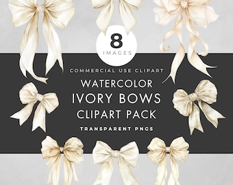 Ivory Bow Clipart – Watercolor 8 PNGs Transparent, Commercial Use (Digital download)