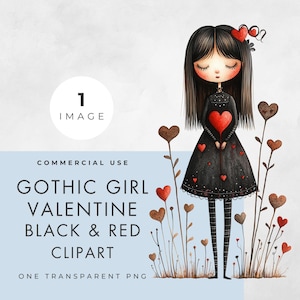 Valentine Gothic Girl Clipart, SINGLE IMAGE, Commercial Use, Transparent PNG, Whimsical, Goth Doll & Hearts, Red Black,  Instant Download