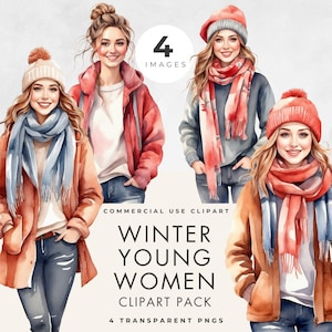 Junge Frauen Clipart, 4 BILDER, kommerzielle Nutzung, transparente PNG, Winter Mädchen, Aquarell Trendy Teens, Teenager, Papierhandwerk, Scrapbooking