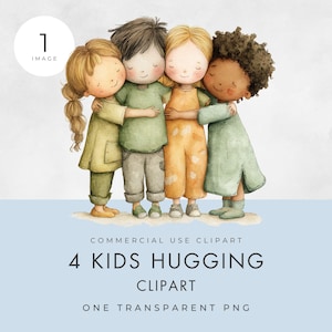Clipart de niños abrazándose, IMAGEN ÚNICA, Licencia comercial, PNG transparente, Amigos felices en acuarela, Abrazo, Dibujos animados de niños multinacionales