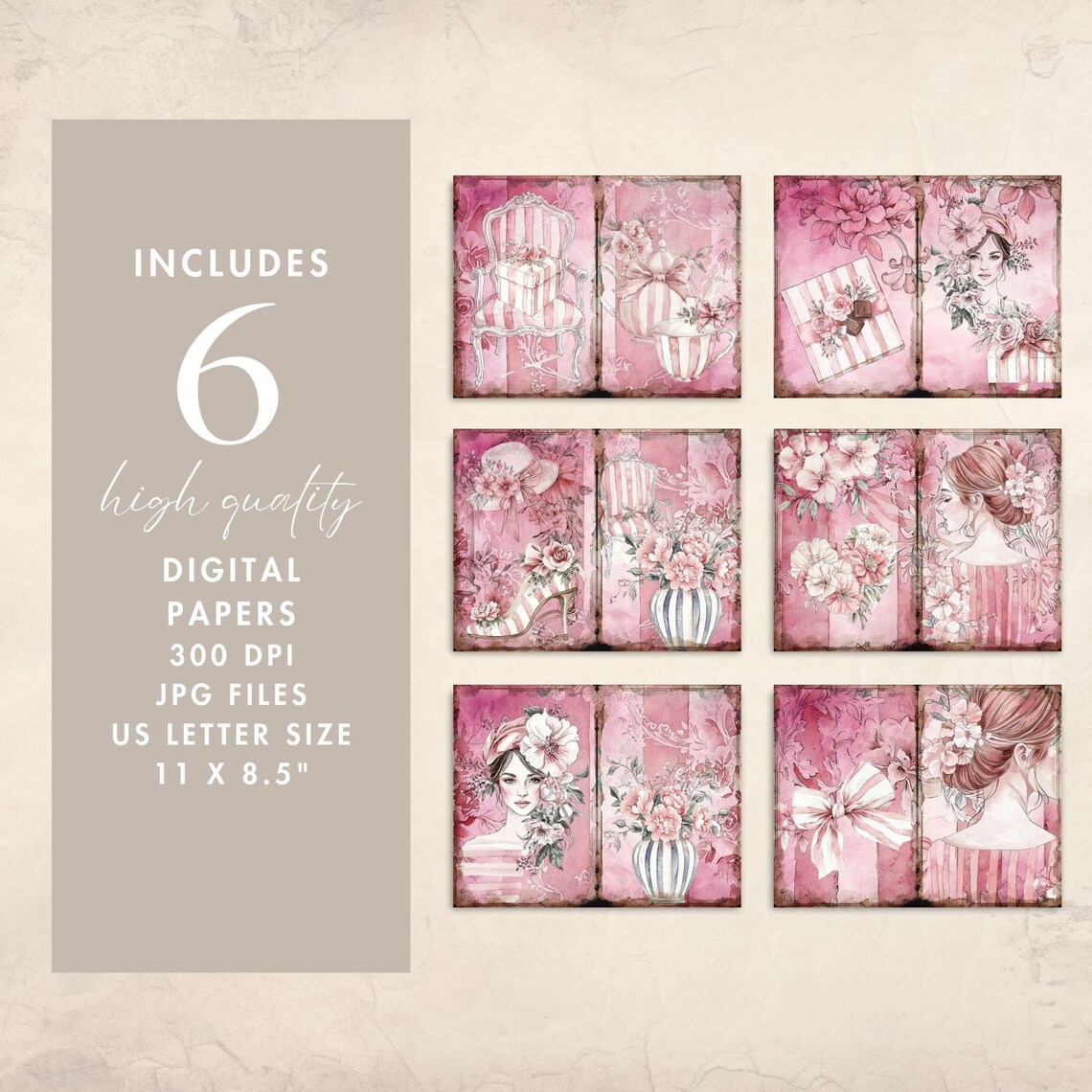 Dusty Pink Junk Journal Pages: Grandmillennial Scrapbook Paper Crafts ...