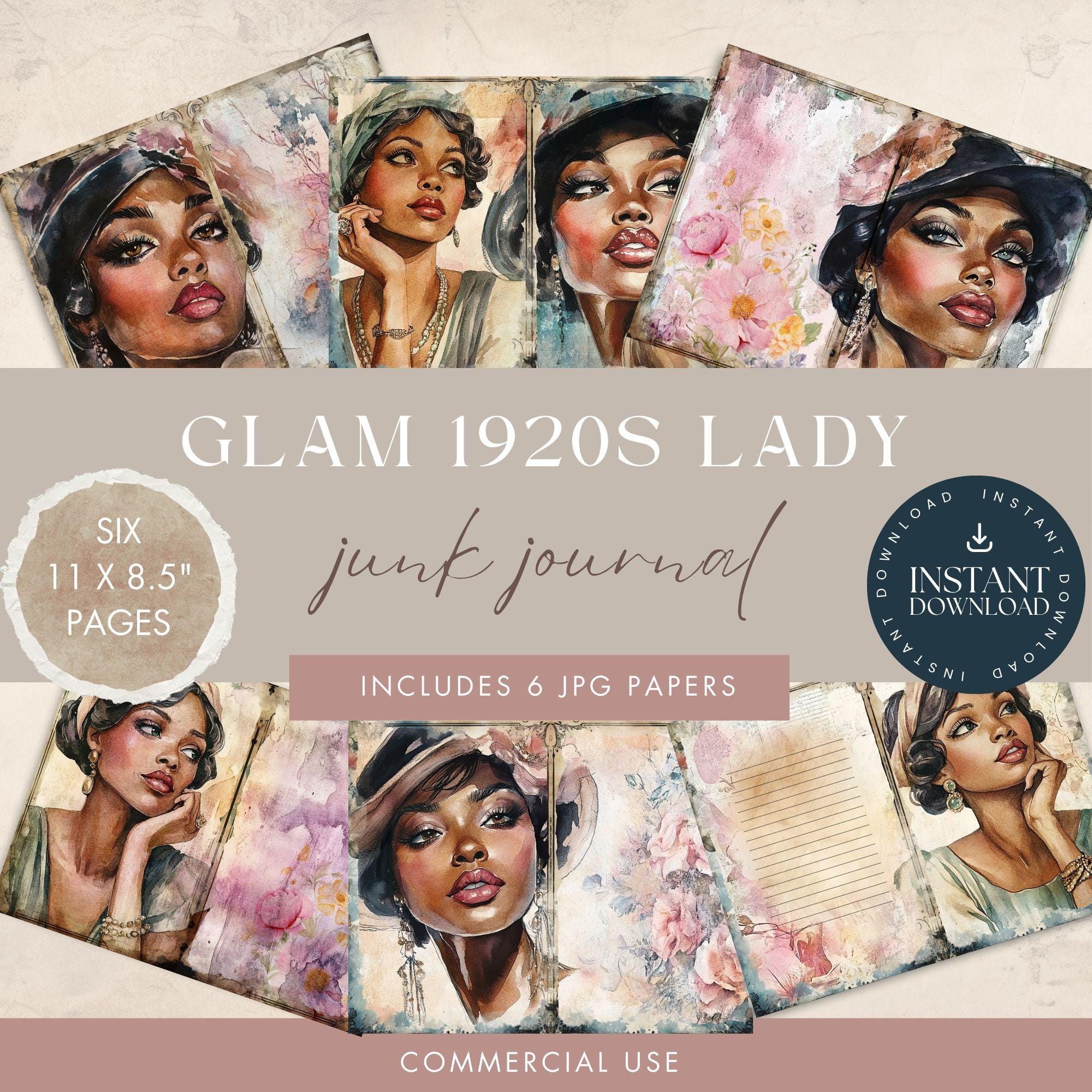 JunkJournal✢『LADY♡』 1920s Lady Art Deco Junk Journal 6 Papers 11x8.5 (JPG Digital
