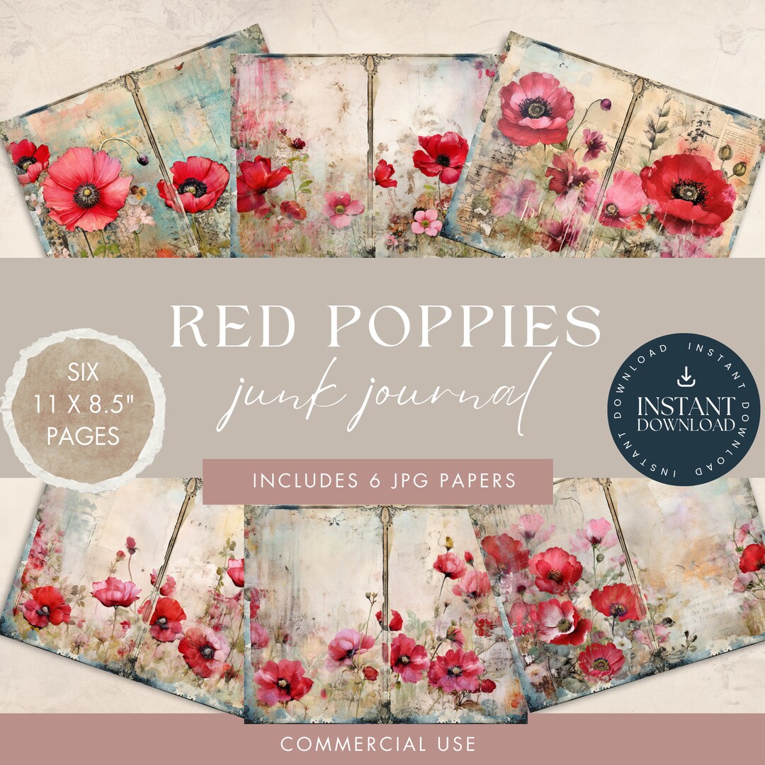 Red Poppy Junk Journal Pages: Floral Scrapbook Paper (11x8.5 JPG ...