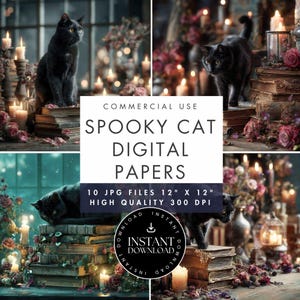 May include: A collection of images with black cats, candles, and old books. The text reads "Spooky Cat Digital Papers", with file size and resolution details. The images have a gothic, vintage aesthetic, with a dark and mysterious atmosphere.
