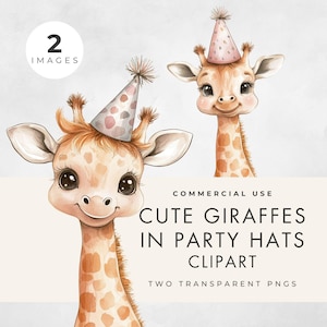 Clipart girafe en chapeau de fête, usage commercial, PNG transparents, Illustrations d'animaux, clipart aquarelle, chambre de bébé, conception d'invitation fête d'enfants