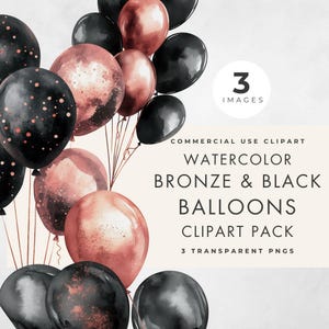 Bronze and Black Balloon Clipart, Digital Download, Commercial Use, Transparent PNG, Watercolor, Birthday, Christmas & New Year Party Design