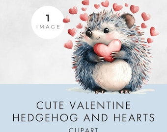 Könnte beinhalten: Eine Aquarell-Illustration eines niedlichen Igels, der ein rotes Herz hält. Der Igel ist von rosa Herzen umgeben. Das Bild ist perfekt für den Valentinstag.