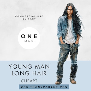 Junger Mann Clipart, Lizenz für kommerzielle Nutzung, transparentes PNG, Aquarell, Mann mit langen schwarzen Haaren, sofortiger digitaler Download