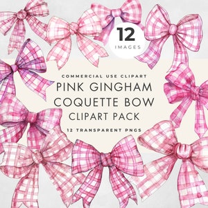 Pink Gingham Coquette Bow Clipart, 12 Images, Commercial Use, Transparent PNG, Watercolor, Wall Art, Picnic Ribbon Clipart, Digital Download