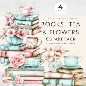 Clipart de livro e chá, uso comercial, PNG transparente, pilha de livros, xícara de chá e flores, scrapbooking, criação de cartão de novo capítulo, aquarela