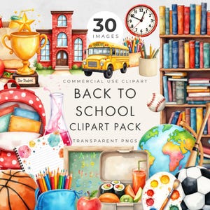 Watercolor School Clipart, Transparent PNGs, Commercial Use, Back to School, Bus, Teacher Clip Art, Teaching Graphics, Classroom, Education