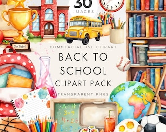 Watercolor School Clipart: Back to School Transparent PNG Graphics (Commercial Use) Digital Download