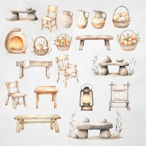 Puede incluir: Ilustraci&oacute;n acuarela de varios muebles y elementos decorativos r&uacute;sticos, incluyendo sillas, bancos, mesas, una linterna, un telar, una chimenea y cestas llenas de fruta y pan. Los art&iacute;culos est&aacute;n pintados en tonos marrones, beige y blanco, y se colocan sobre un fondo gris claro.