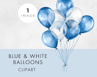 Blue and White Balloons Clipart, SINGLE IMAGE, Commercial Use, Transparent PNG, Watercolor, Birthday Party & Shower Graphic, Paper Crafts
