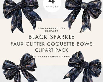 Black Sparkle Coquette Bow Clipart, Commercial Use, Transparent PNG, Faux Glitter, Festive, New Year Christmas Party Designs, Paper Crafts