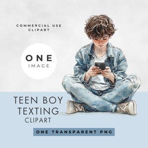Clipart di messaggi di testo di ragazzo adolescente, IMMAGINE SINGOLA, uso commerciale, PNG trasparente, acquerello, adolescente, adolescente con telefono, giovane uomo, download digitale