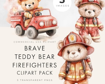 Teddy Bear Firefighter Clipart: Watercolor Nursery Art (Transparent PNG Digital Download) Commercial Use
