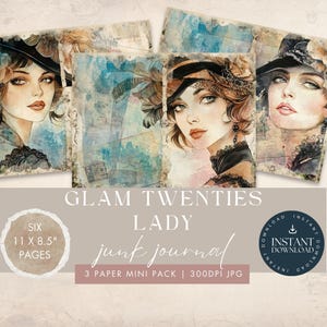 1920s Girl Junk Journal Pages, 3 Digital Papers, Vintage Roaring Twenties Era,  Art Deco Lady, Printable Paper Craft, Scrapbooking 11 x 8.5