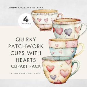 Könnte beinhalten: Vier Aquarell-Illustrationen von Patchwork-Teetassen mit Herzen. Jede Tasse hat ein anderes Patchwork-Design mit rosa, blauen und violetten Herzen. Die Tassen sind übereinander gestapelt.