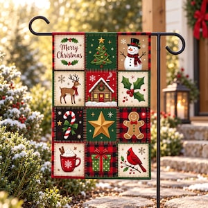May include: A rectangular garden flag featuring a twelve-panel grid design with Christmas motifs including a snowman, reindeer, gingerbread man, cardinal, candy cane, gift, star, Christmas tree, cabin, and a mug with the text Merry Christmas.