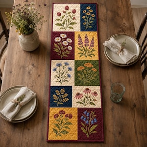 May include: A rectangular quilted table runner featuring a grid of ten distinct floral blocks. Each square displays embroidered wildflowers in various colors, including red, yellow, white, blue, and purple, set against solid-colored backgrounds.