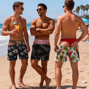 May include: Three sets of swim shorts featuring distinct patterns. The first pair has a leopard print waistband and a dark floral print. The second pair has a red and white striped waistband and a dark camouflage print. The third pair has a red waistband.