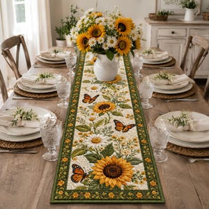 May include: A rectangular table runner featuring a quilted pattern of yellow sunflowers, white daisies, and orange monarch butterflies on a cream background, framed by a dark green border with small yellow flowers and green leaves.