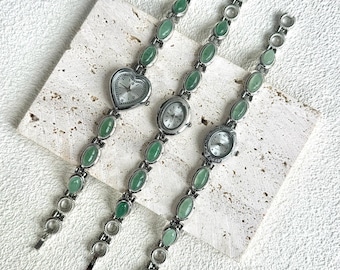 Vintage Silver Heart Watch Bracelet, Victorian Style Jade Green Quartz Watch, Dainty Antique Bracelet Watch, Gift for Her