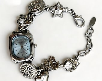 Silver Charm Bracelet Watch for Women, Vintage Style Floral Heart Star Charms, Decorative Link Wristwatch Jewelry Gift