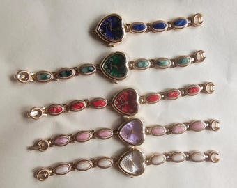 Heart Shaped Gemstone Bracelet Watch, Colorful Women’s Quartz Wristwatch, Vintage Style Jewelry Gift