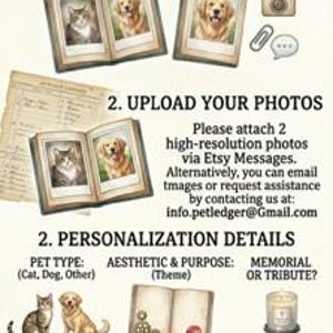 Peut inclure: Publicité pour un registre personnalisé pour animaux de compagnie. L'image présente des livres ouverts avec des photos d'animaux, une icône d'appareil photo et le texte "YOUR CUSTOM PET LEDGER" et "Just the Basics!". L'annonce comprend également des instructions.