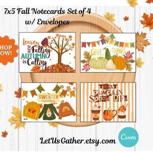 Ensemble de cartes de voeux d'automne avec enveloppes, carte pull, cartes citrouille d'automne, carte latte citrouille, remerciements, cartes PDF, cartes feuille d'automne