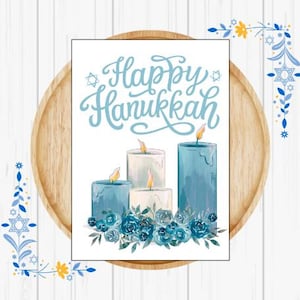 Carte juive de Hanoucca, carte de célébration de Hanoucca, carte de vœux hébraïque, design bleu et or, carte de Hanoucca moderne, carte de la fête des lumières