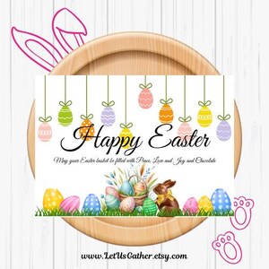 Ostergruß, Ostersegen, Frühlingsurlaub, Schokoladenhasen, Digitaler Download, bemalte Eier, Blumenkranz, wunderliche Karte