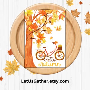 Cartão de feliz outono, cartão de bicicleta, cartão de felicitações de outono, cartão, cartão de licença de outono, cartões de outono, cartão e envelope para impressão, cartão da natureza, passeio de bicicleta