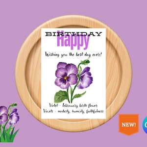 Cartão do mês de aniversário de fevereiro, cartão de flores, cartão de feliz aniversário, cartão de aniversário, download instantâneo, envelope correspondente, cartão de flores violetas