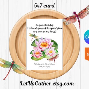 Cartão de aniversário de julho, cartão de aniversário de nenúfar, cartão digital, cartão de nenúfar e libélula, envelope correspondente, cartão para ela, cartão de nenúfar