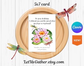 July Birth Flower Waterlily Card, Watercolor Birthday Greeting (5x7 Digital Download)