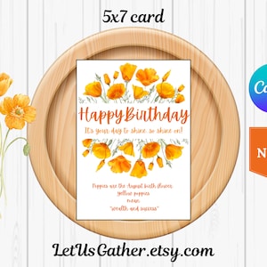 Cartão de aniversário de agosto, papoula amarela, cartão de aniversário, cartão digital, cartão de papoula, envelope correspondente, cartão para agosto, flor de nascimento de agosto