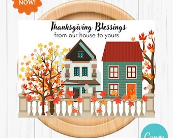 Tarjeta de Bendiciones de Acción de Gracias, Casas de Otoño, Nota Familiar (Descarga Digital)