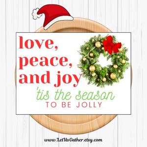 Biglietto di auguri di buone feste, biglietto di Natale, download digitale, pace, amore, gioia, design per ghirlanda di Natale