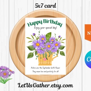 Tarjeta de cumpleaños de septiembre, tarjeta de aster púrpura, tarjeta imprimible, tarjeta de flores, tarjeta de flores de nacimiento, sobre a juego, flor de nacimiento,