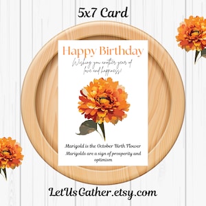 Tarjeta de cumpleaños de octubre, tarjeta de caléndula, tarjeta imprimible, tarjeta personalizada de octubre, tarjeta de flores, tarjeta de flores de nacimiento, tarjeta de octubre, sobre a juego