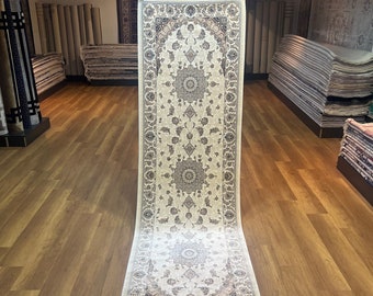 Runner Rug, Runner Silk Rug, 3x10 Silk Rug, Traditional Runner Rug, Kitchen Rug, Hallway Rug, Rug For Entryway 3x10, Cream Runner Silk Rug