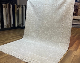 Large Oushak Rug, Cream Rug, 7x10 Area Rug, Turkish Silk Rug, Oversize Cream Rug, Bamboo Silk Rug, Muted Rug, Cream Rug For Bedroom, Carpet