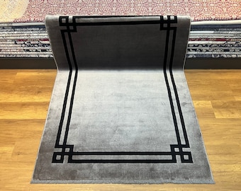Plain Rug, Gray Black Silk Rug, Bamboo Silk Rug, Turkish Rug, Bordered Rug, Silver Rug, Modern Home Decor, 4x6 Area Rug, Framed Silk Carpet