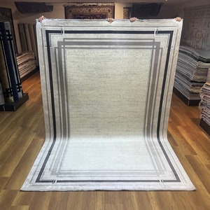 Bordered Rug, White Gray Silk Rug, 7x10 Plain Rug, Bamboo Silk Rug, Modern Rug, Top Quality Rug, LivingRoom Rug, Bedroom Rug, Home Decor Rug